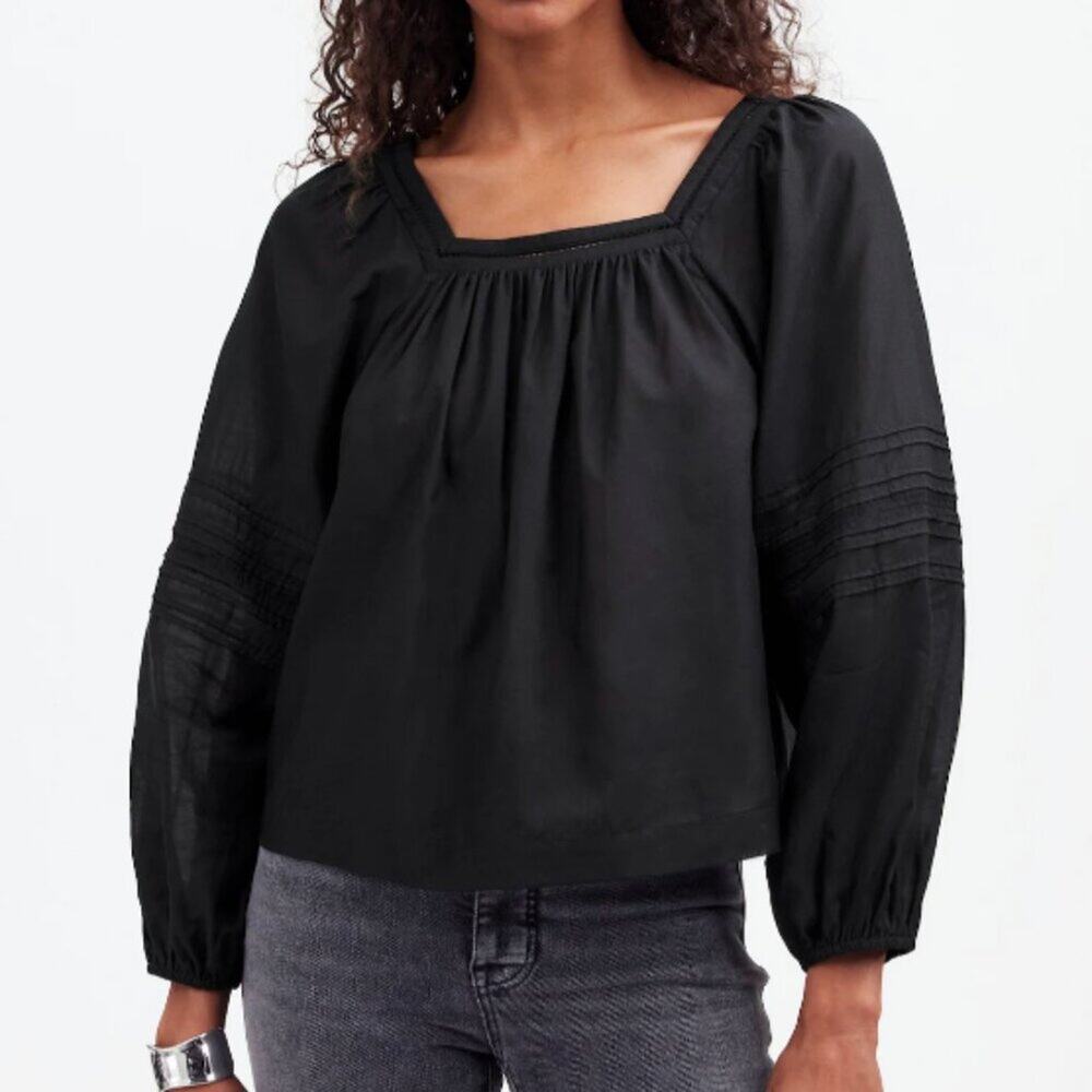Madewell Top Womens Square-Neck Long-Sleeve Lightweight Peasant‎ Black Size XS